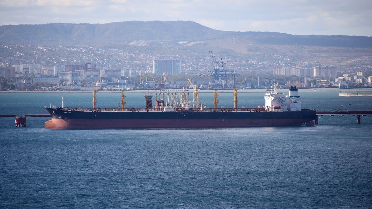 An oil tanker is moored at the Sheskharis complex, part of Chernomortransneft JSC, a subsidiary of Transneft PJSC, in Novorossiysk, Russia, on Oct. 11, 2022. (AP Photo, File)