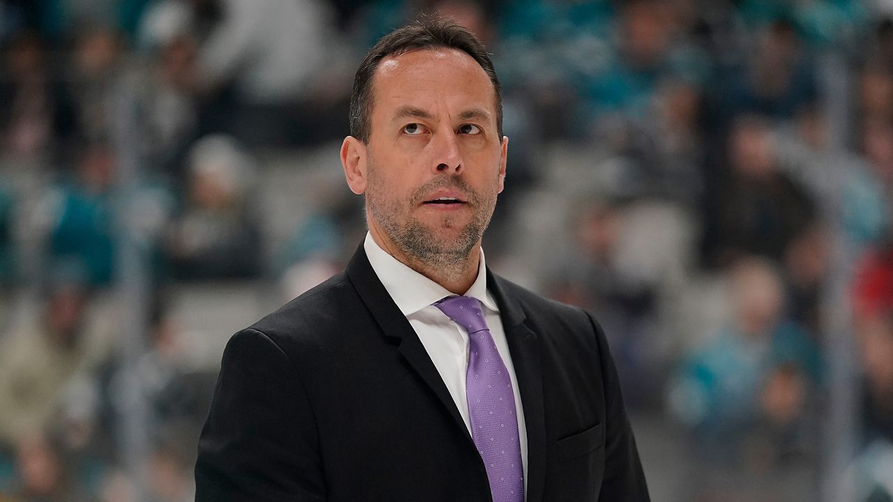 FILE - Los Angeles Kings assistant coach Marco Sturm walks off the ice at the end of the second period against the San Jose Sharks in an NHL hockey game in San Jose, Calif., Saturday, Dec. 22, 2018. (AP Photo/Tony Avelar, File)