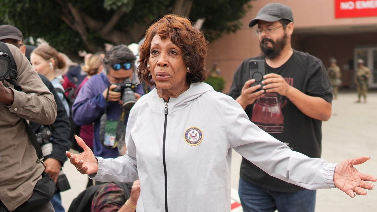 U.S. Rep. Maxine Waters, D-Calif., speaks to the U.S. National Guard in downtown Los Angeles, Sunday, June 8, 2025. (AP Photo/Eric Thayer)
