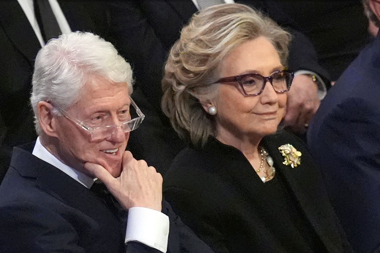 Former President Bill Clinton and former Secretary of State Hillary Clinton listen during the state funeral for former President Jimmy Carter at Washington National Cathedral in Washington, Jan. 9, 2025. (AP Photo/Jacquelyn Martin, File)