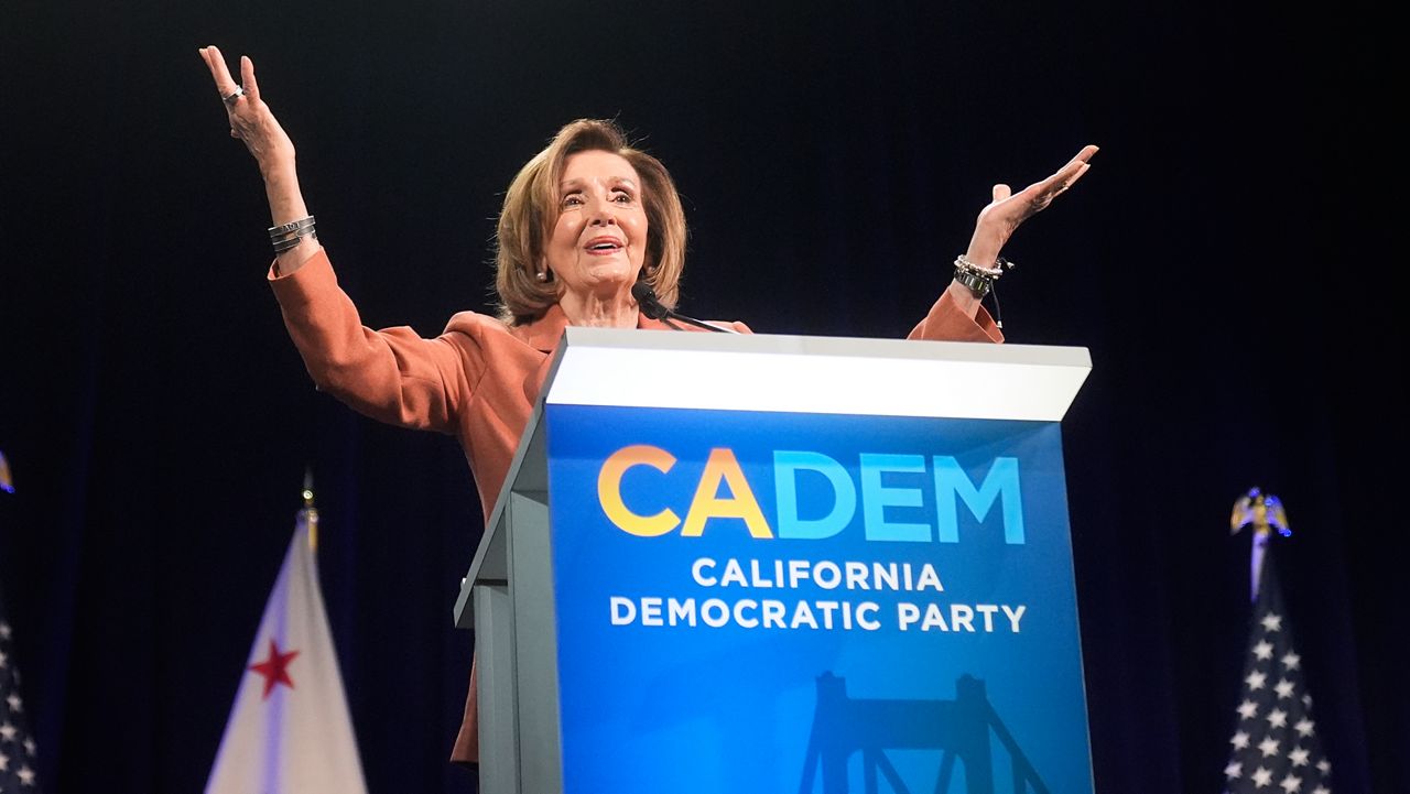 Rep. Nancy Pelosi, D-Calif., speaks at the 2026 California Democratic Party State Convention in San Francisco, Saturday, Feb. 21, 2026. (AP Photo/Jeff Chiu)
