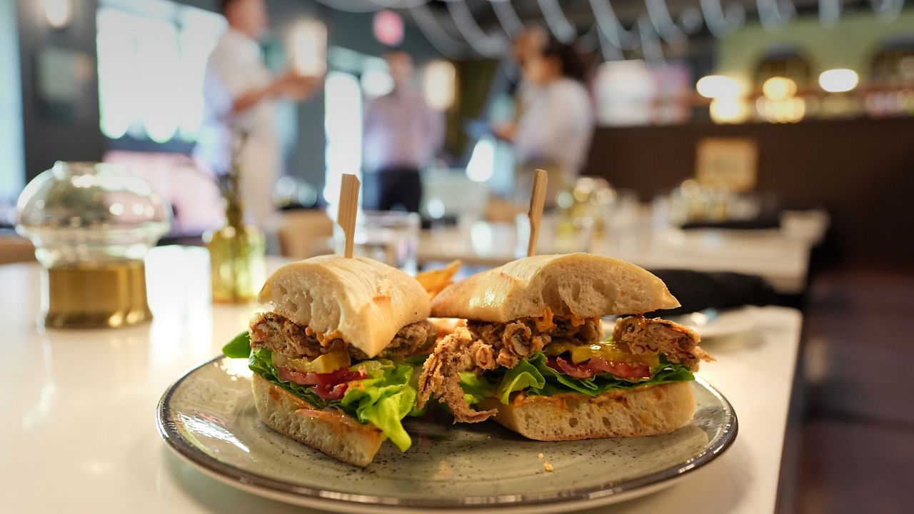 A breaded green crab sandwich is served at Signal restaurant Tuesday, June 16, 2026, in Kennebunk, Maine. (AP Photo/Robert F. Bukaty)