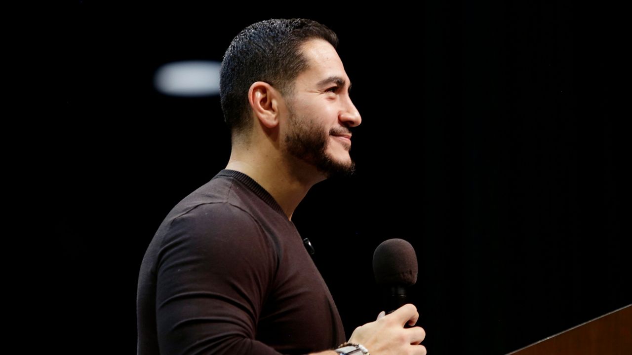 Michigan Senate candidate Abdul El-Sayed speaks to a crowd during a rally, Sunday, Oct. 25, 2026, in Grand Rapids, Mich. (AP