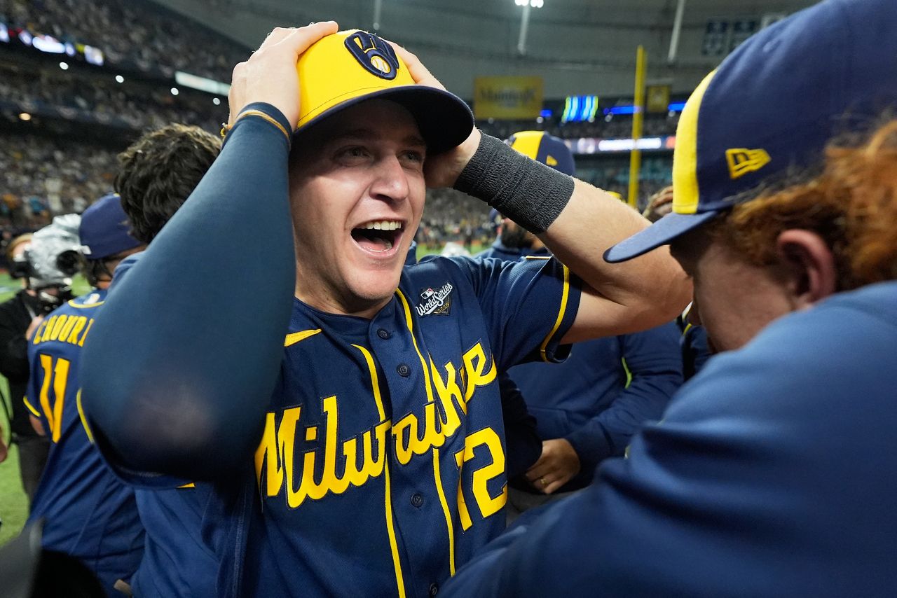 Brewers infielder Cooper Pratt celebrates after the World Series win