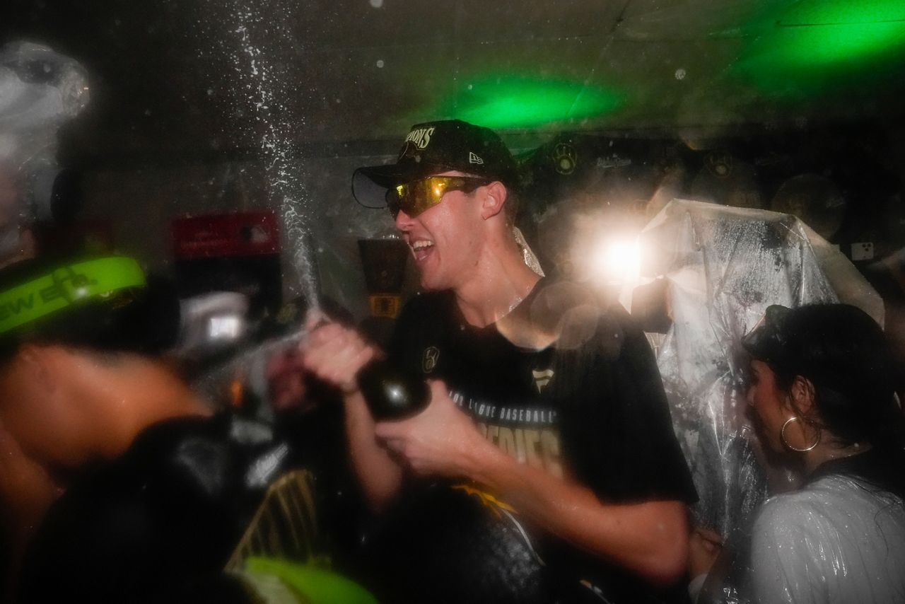 Brewers catcher William Contreras celebrates after the championship win