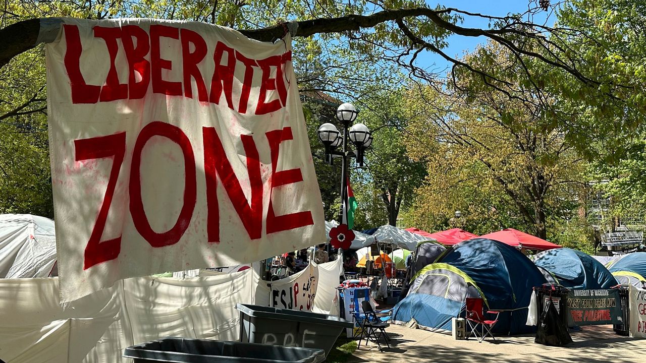 Dozens of tents are set up as part of a pro-Palestinian protest at the University of Michigan in Ann Arbor, Mich., on