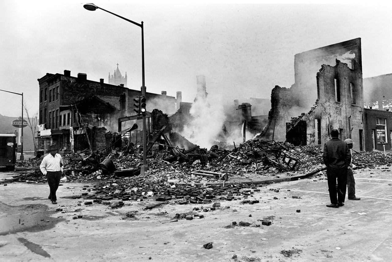 Smouldering ruins of a building after the second night of turmoil in the nation's capital following the assassination of Martin Luther King, Jr. in 1968 (AP Images)