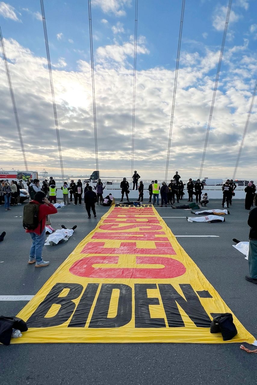 Demonstrators calling for Gaza ceasefire block bridge in Boston