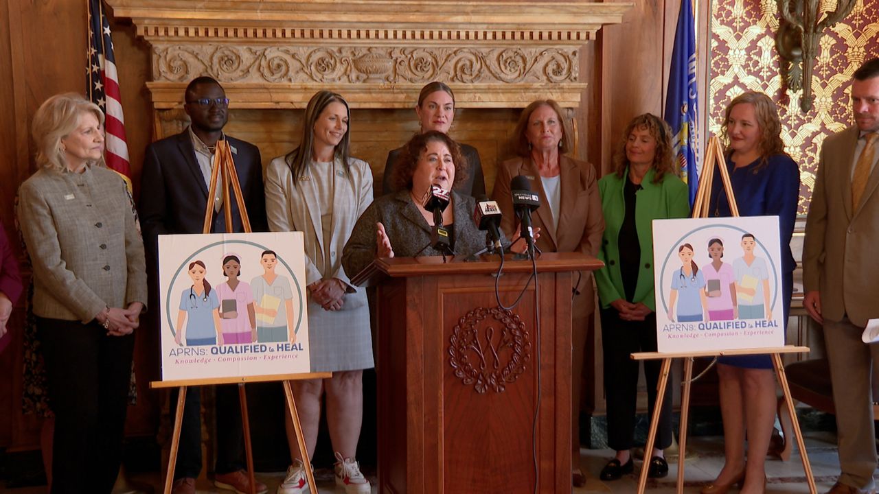 A bipartisan group of lawmakers reintroduces a modified version of the APRN Modernization Act during a Tuesday press conference at the Wisconsin Capitol. (Spectrum News 1/Mandy Hague)