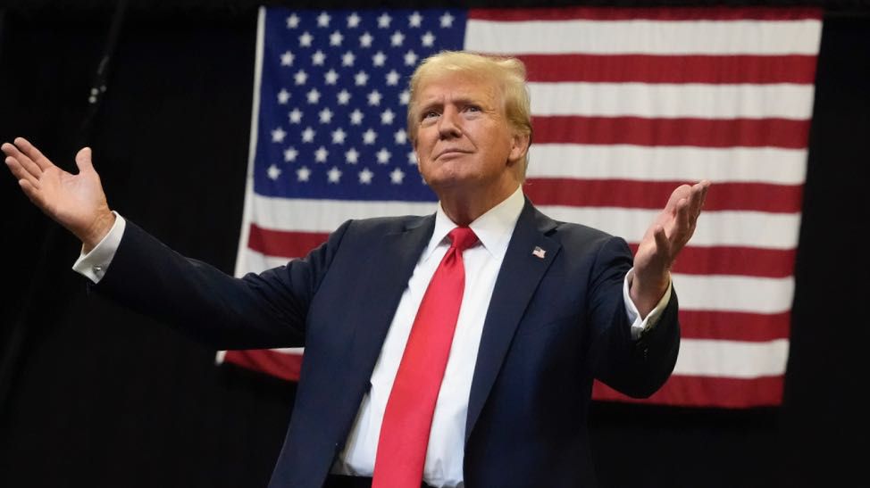 Republican presidential nominee former President Donald Trump arrives to speak at a campaign rally in Bozeman, Mont., Friday, Aug. 9, 2024. (AP Photo/Rick Bowmer)