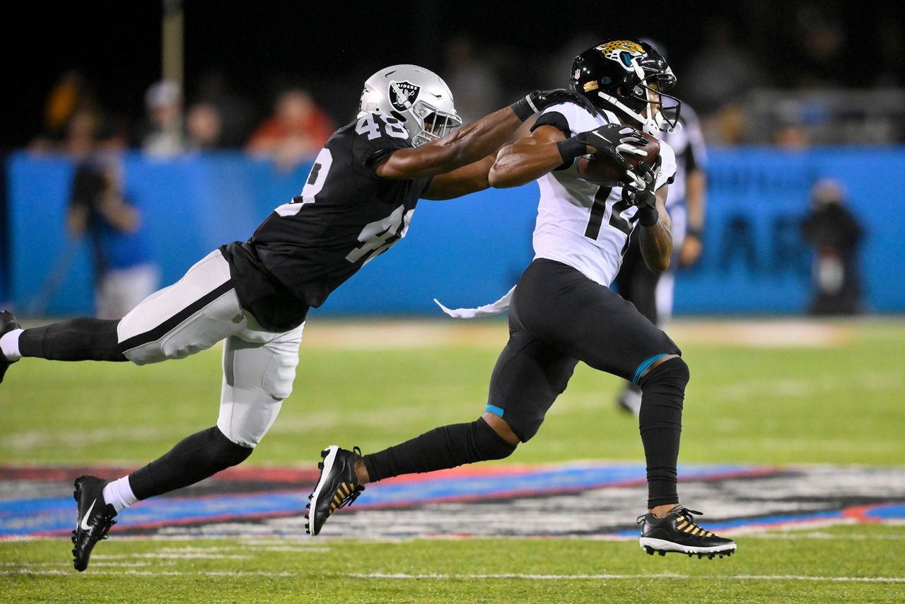 Raiders wide receiver Tyron Johnson (17) celebrates as time