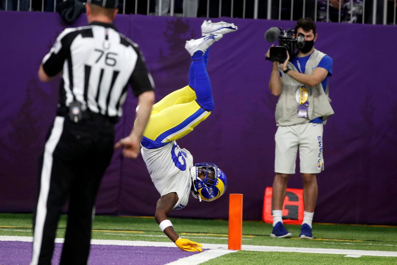 Los Angeles Rams cornerback Jalen Ramsey (5) intercepts a pass