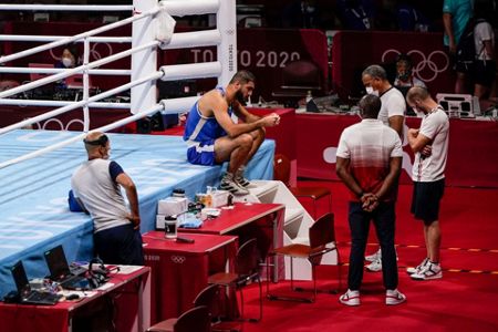 Mourad Aliev of Team France reacts after losing by