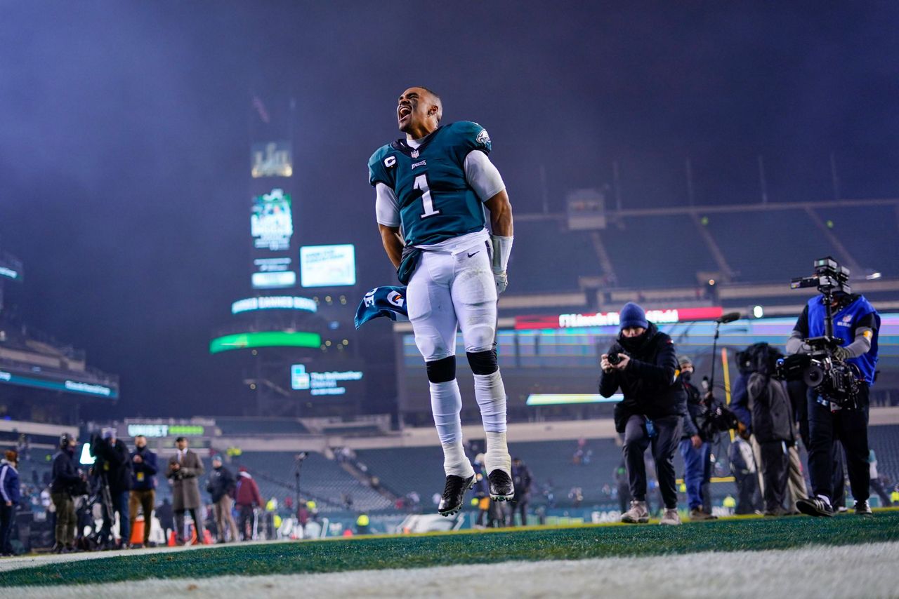 Philadelphia Eagles' Landon Dickerson runs onto the field before