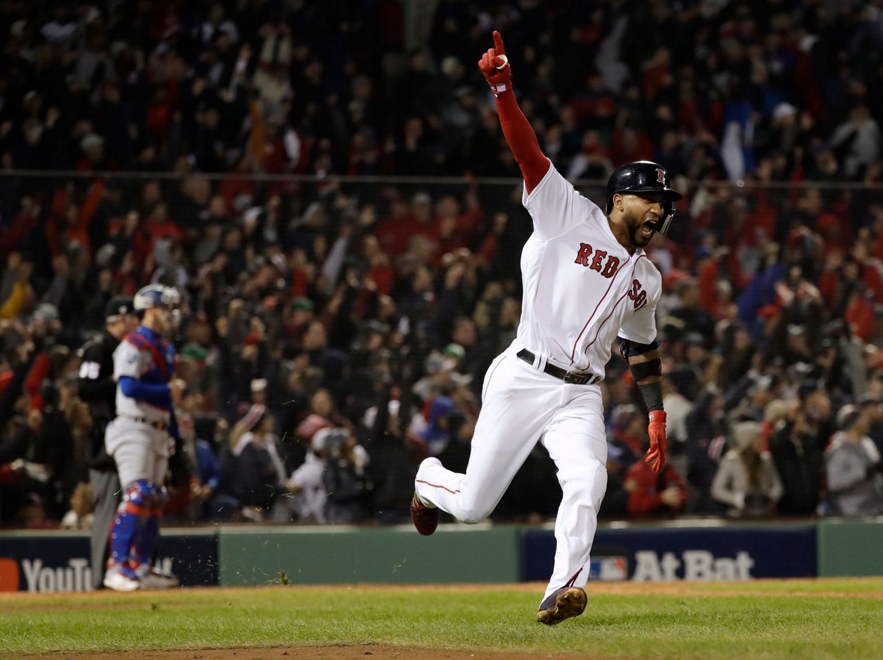 Boston Red Sox Mookie Betts (celebrates hitting a solo home run off Los  Angeles Dodgers starting pitcher Clayton Kershaw in the sixth inning in  game 5 of the MLB 2018 World Series