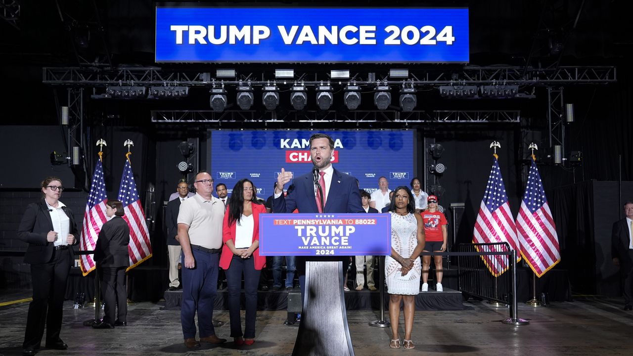 Republican vice presidential candidate Sen. JD Vance, R-Ohio, speaks with reporters at a news conference, Tuesday, Aug. 6, 2024, in Philadelphia. (AP Photo/Alex Brandon)