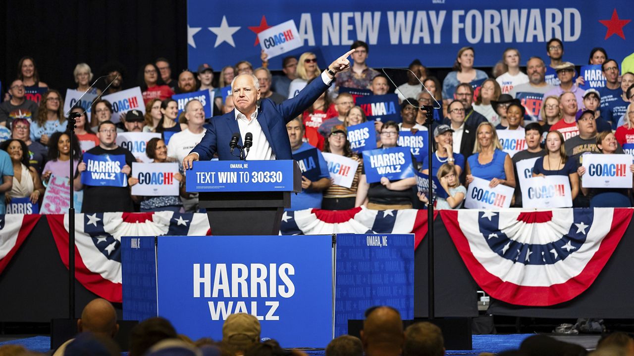 Democratic vice presidential nominee Minnesota Gov. Tim Walz speaks at a campaign rally, Saturday, Aug. 17, 2024, at The Astro in La Vista, Neb. (AP Photo/Bonnie Ryan)