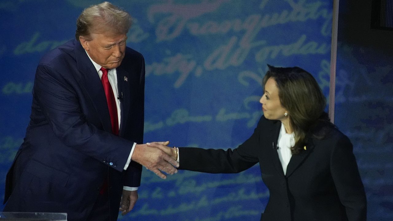 Republican presidential nominee former President Donald Trump shakes hands with Democratic presidential nominee Vice President Kamala Harris during an ABC News presidential debate at the National Constitution Center, Tuesday, Sept.10, 2024, in Philadelphia. (AP Photo/Alex Brandon)