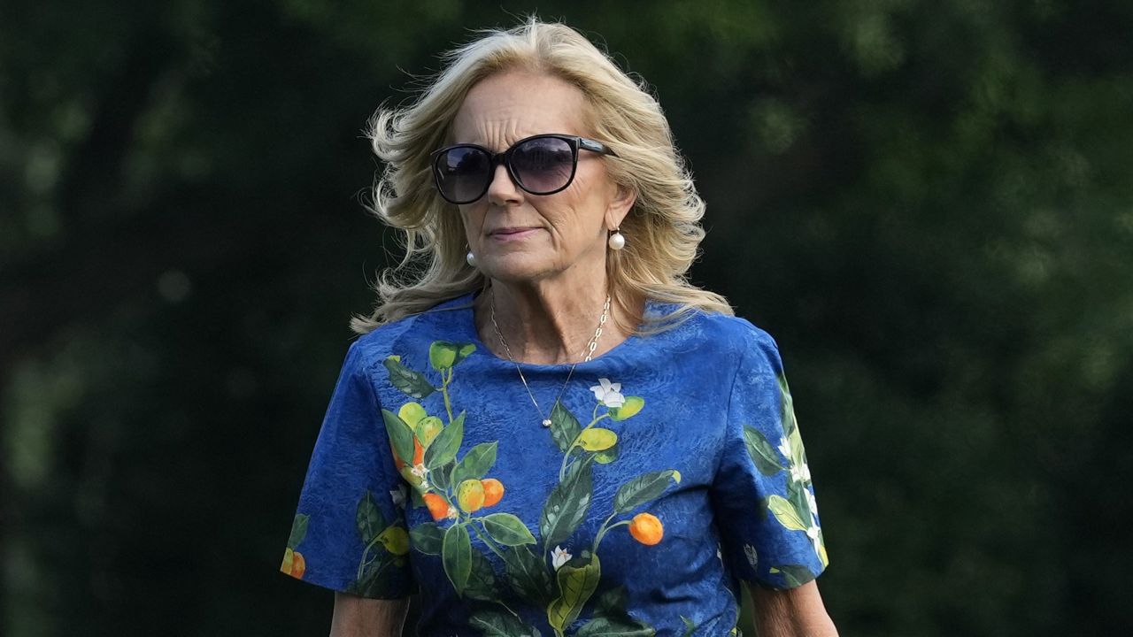 First lady Jill Biden walks on the South Lawn of the White House in Washington, July 7, 2024. (AP Photo/Susan Walsh)