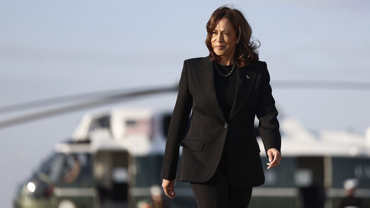 Democratic presidential nominee Vice President Kamala Harris walks from Marine Two to board Air Force Two as she departs for New York at Joint Base Andrews, Md., Monday, Oct. 7, 2024. (Evelyn Hockstein/Pool via AP)