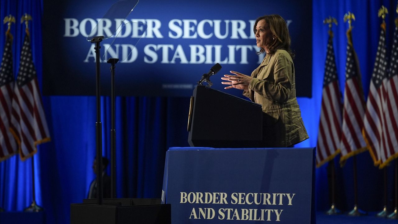 Democratic presidential nominee Vice President Kamala Harris speaks at Cochise College Douglas Campus in Douglas, Ariz., Friday, Sept. 27, 2024. (AP Photo/Carolyn Kaster)