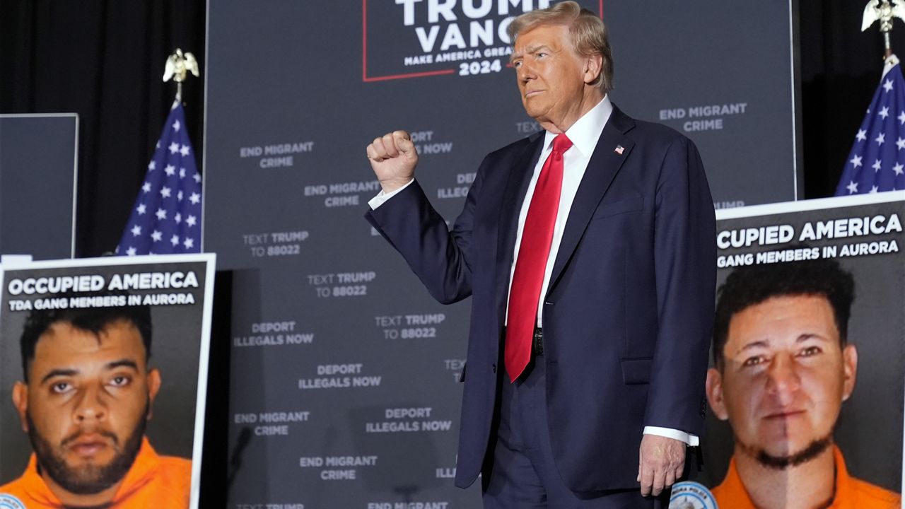 Republican presidential nominee former President Donald Trump arrives for a campaign rally at the Gaylord Rockies Resort & Convention Center, Friday, Oct. 11, 2024, in Aurora, Colo. (AP Photo/Alex Brandon)