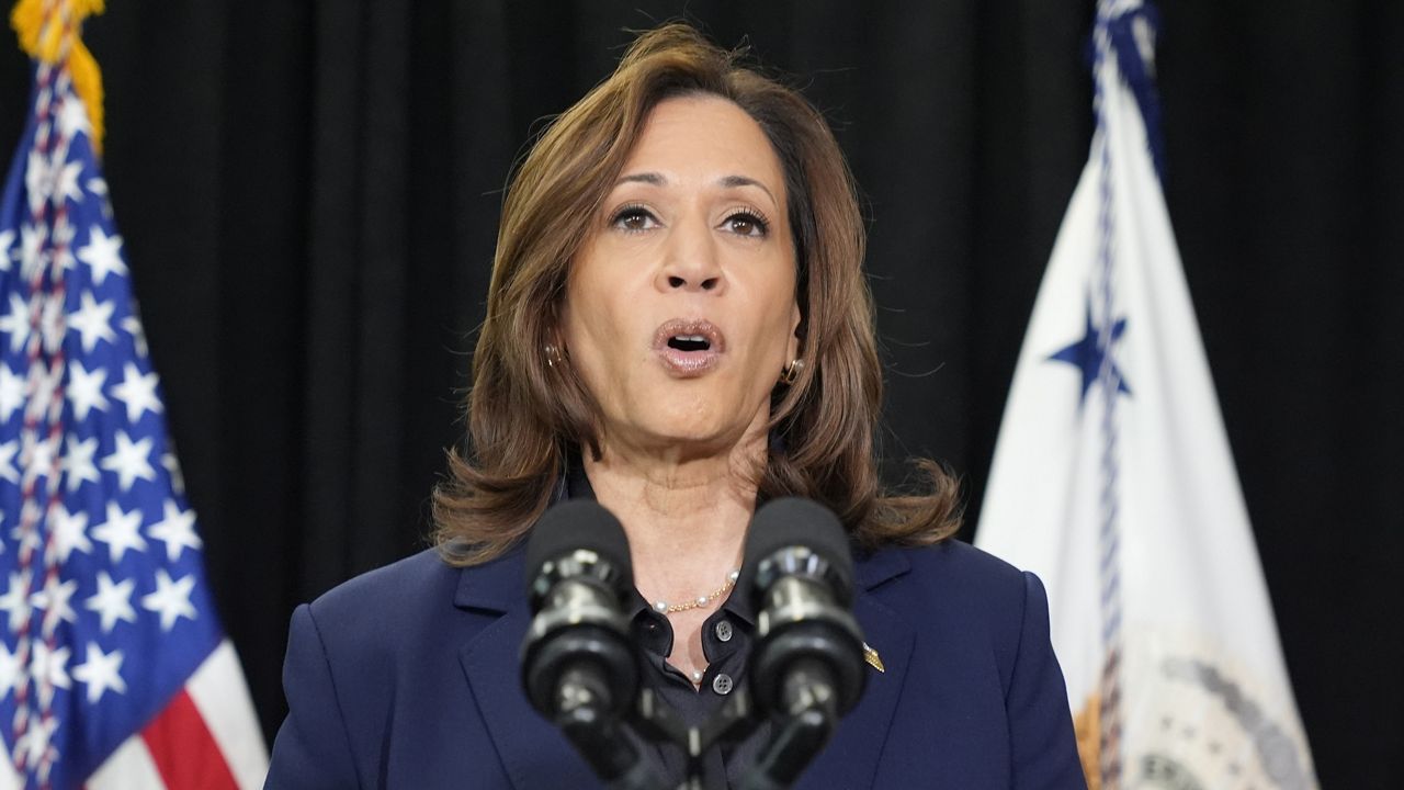 Democratic presidential nominee Vice President Kamala Harris speaks about the killing of Hamas' top leader Yahya Sinwar in a battle with Israeli forces in Gaza, Thursday, Oct. 17, 2024, following a campaign rally at the University of Wisconsin Milwaukee. (AP Photo/Jacquelyn Martin)