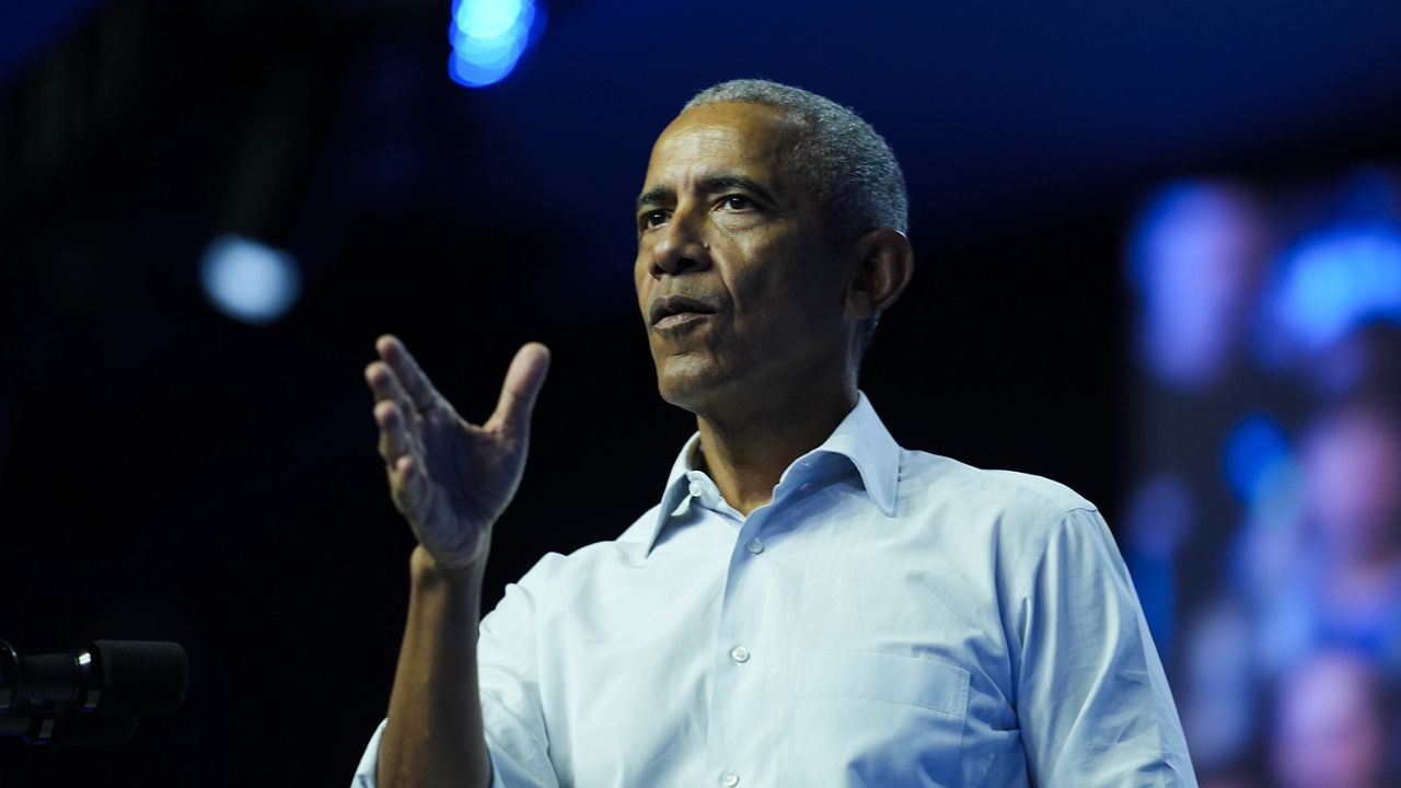 Former President Barack Obama speaks at a campaign rally supporting Democratic presidential nominee Vice President Kamala Harris, Monday, Oct. 28, 2024, in Philadelphia. (AP Photo/Matt Rourke)