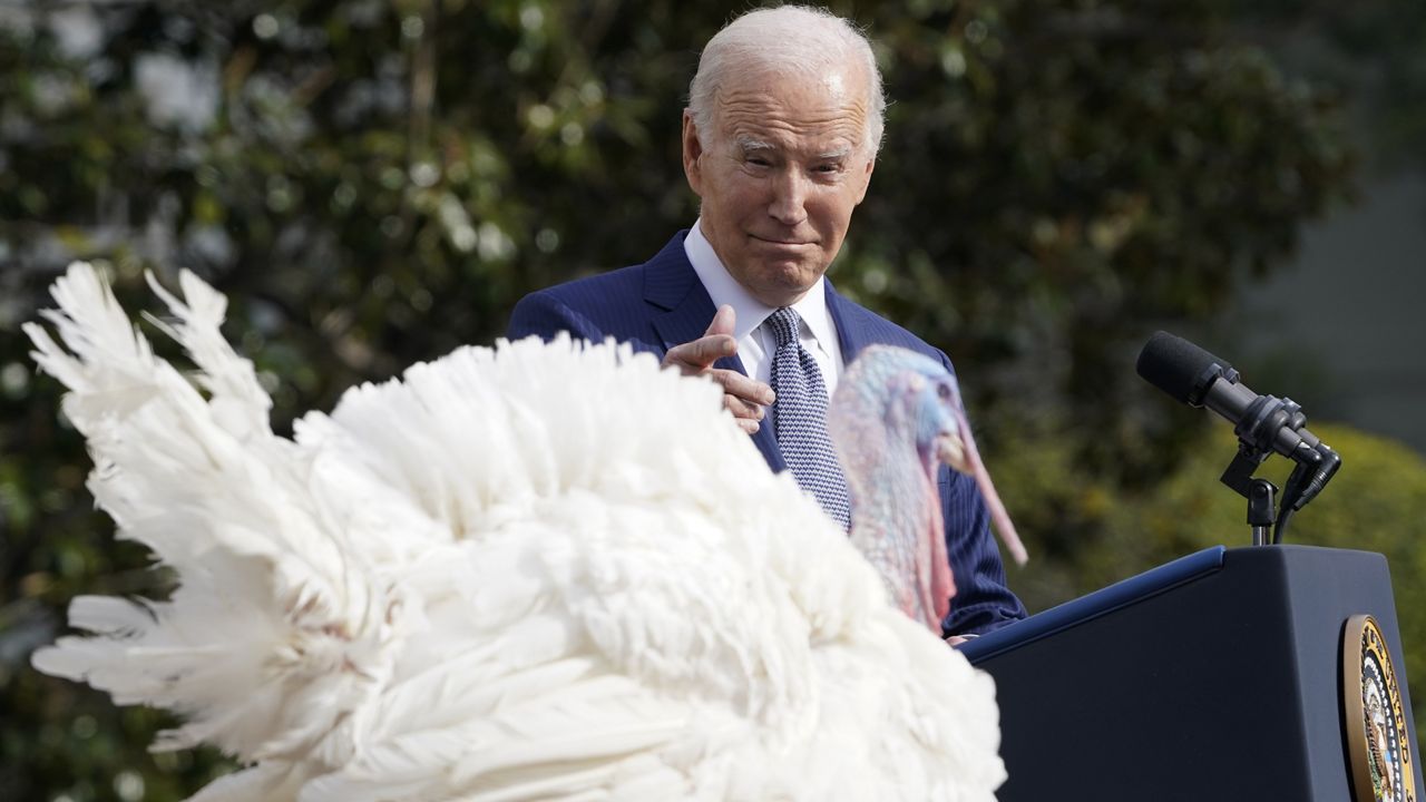 President Joe Biden speaks after pardoning the national Thanksgiving turkey, Liberty, during a pardoning ceremony at the White House in Washington, Monday, Nov. 20, 2023. (AP Photo/Susan Walsh)