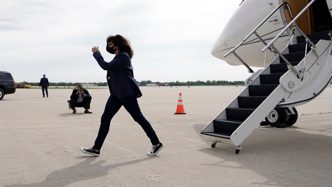 Democratic vice presidential candidate Sen. Kamala Harris, D-Calif., arrives Monday, Sept. 7, 2020, in Milwaukee. (AP Photo/Morry Gash)