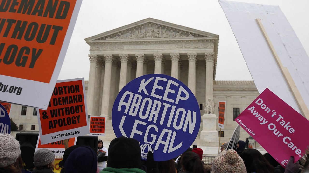 Pro-abortion rights signs are seen during the March for Life 2016 in front of the U.S. Supreme Court in Washington.. (AP Photo/Alex Brandon, File)