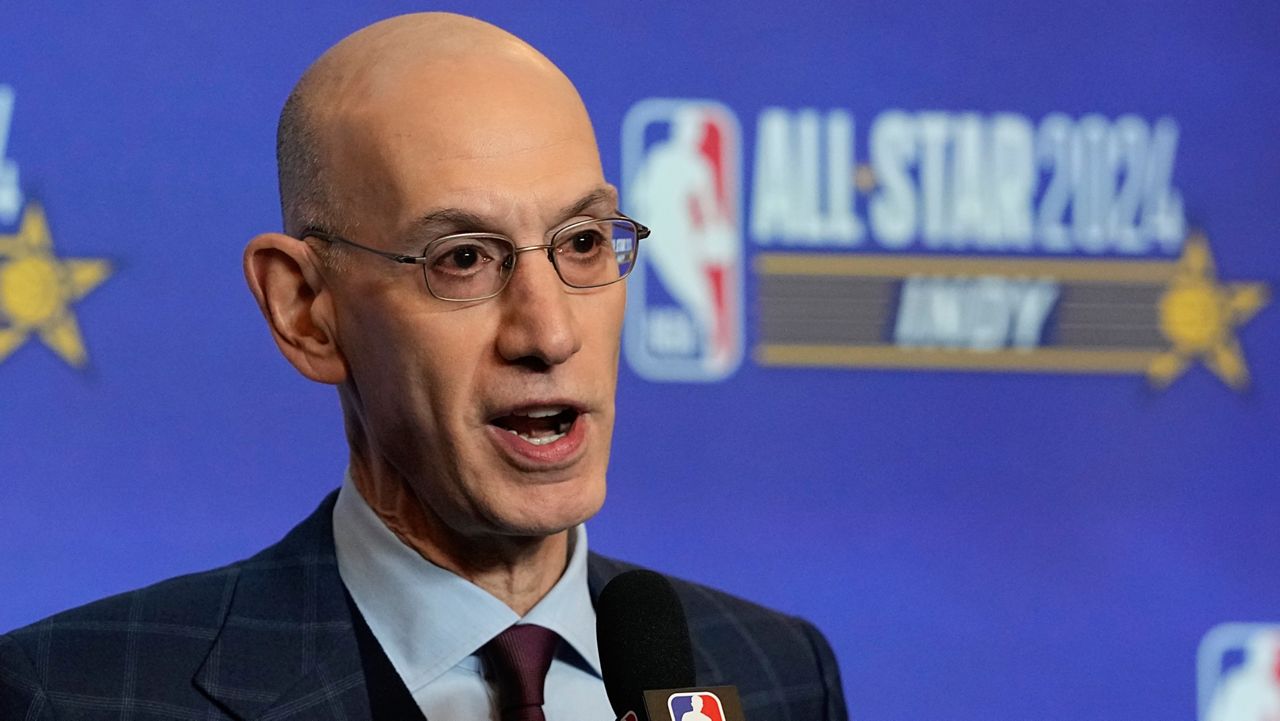 NBA Commissioner Adam Silver speaks during a news conference during the NBA basketball All-Star weekend Saturday, Feb. 17, 2024, in Indianapolis. (AP Photo/Darron Cummings)