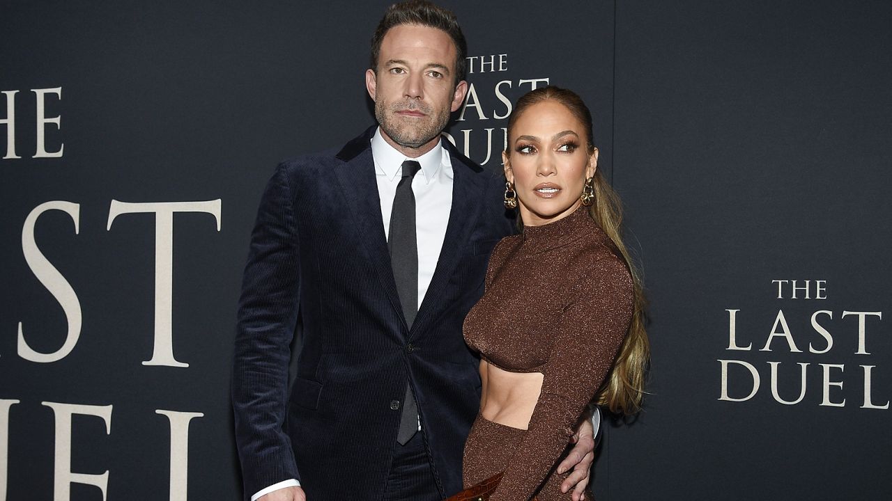 Actor Ben Affleck, left, and actor-singer Jennifer Lopez attend the premiere of "The Last Duel" on Oct. 9, 2021, in New York. (Photo by Evan Agostini/Invision/AP)