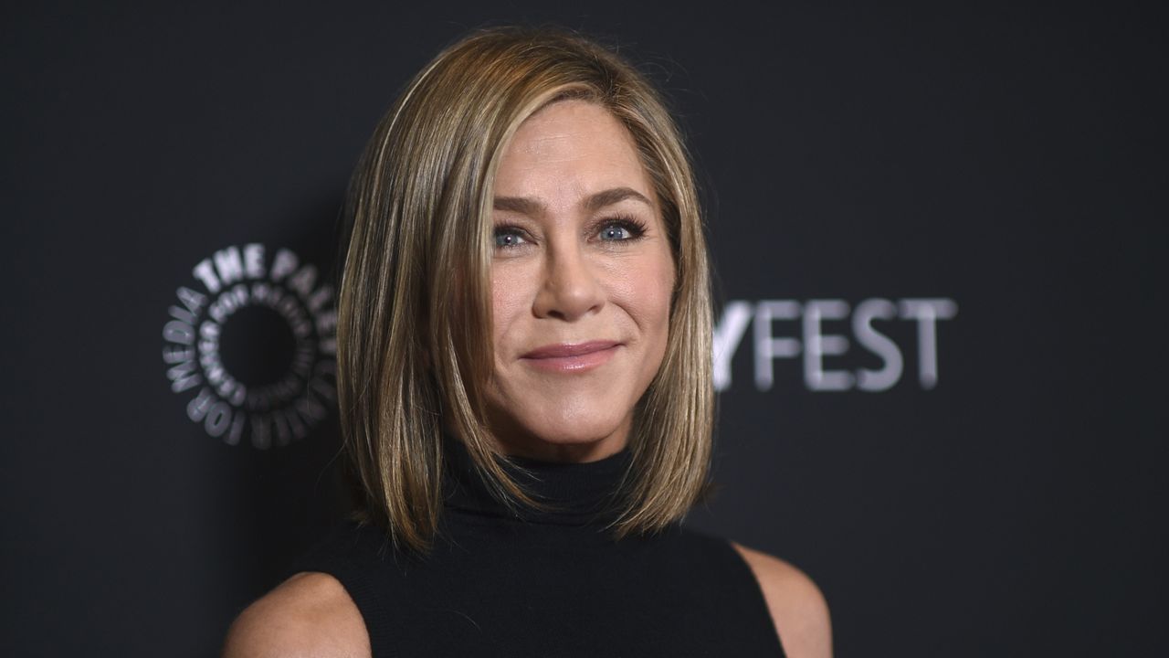 Jennifer Aniston arrives at a screening of "The Morning Show" during PaleyFest, April 12, 2024, at the Dolby Theatre in Los Angeles. (Photo by Richard Shotwell/Invision/AP)