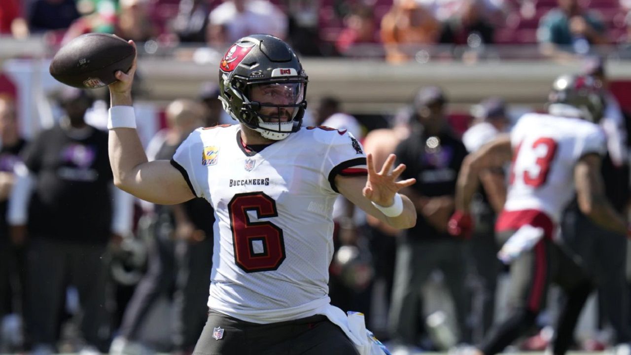 Bucs quarterback Baker Mayfield passes during the second half of the Bucs 33-16 win against Philadelphia last Sunday. (AP Photo/Chris O'Meara)