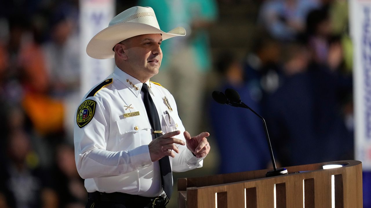 Javier Salazar, sheriff of Bexar County, Texas, speaks during the Democratic National Convention Wednesday, Aug. 21, 2024, in Chicago. (AP Photo/Paul Sancya)