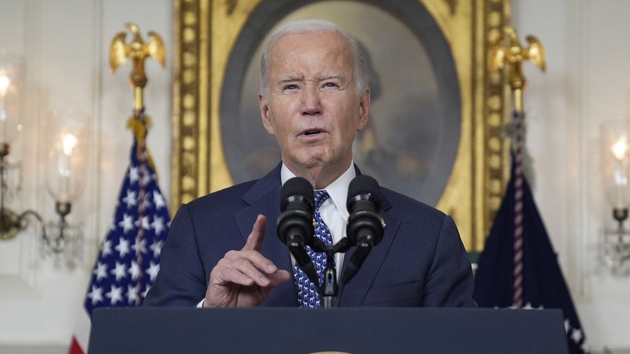 President Joe Biden speaks in the Diplomatic Reception Room of the White House, Thursday, Feb. 8, 2024, in Washington. (AP Photo/Evan Vucci)