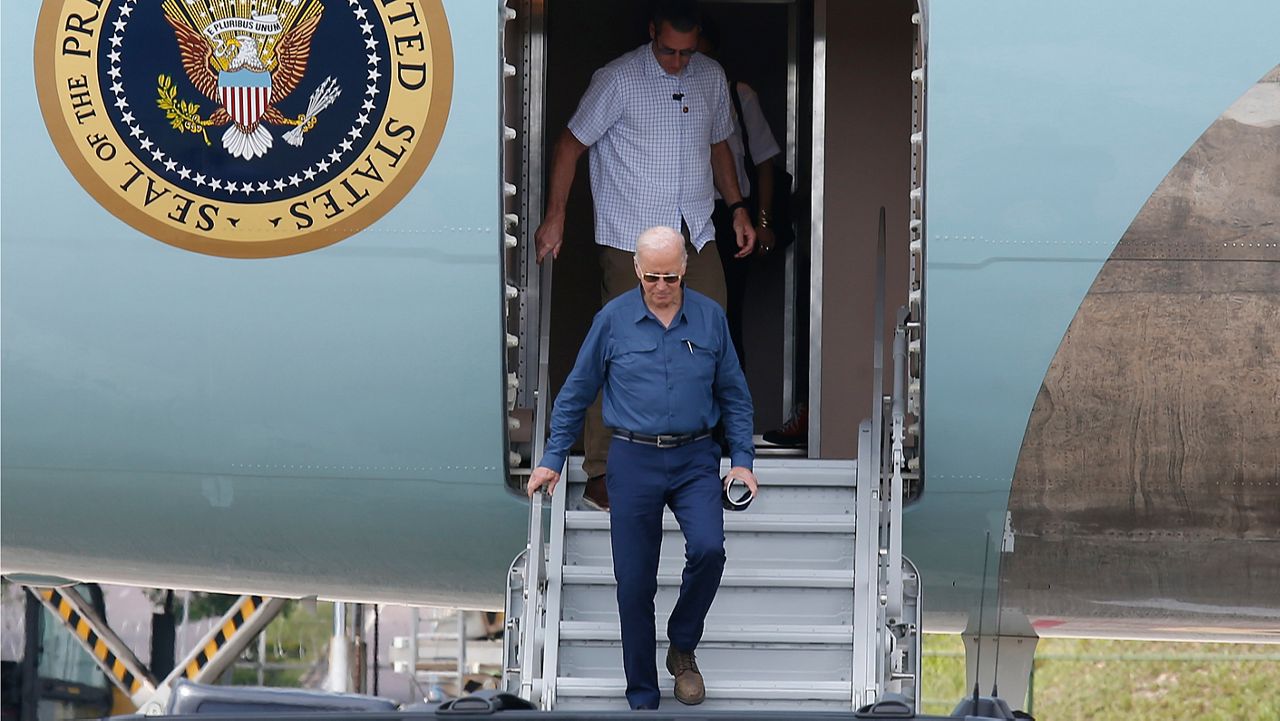 U.S. President Joe Biden arrives on Air Force One at Manaus-Eduardo Gomes International Airport, in Manaus, Brazil, Sunday, Nov. 17, 2024. (AP Photo/Edmar Barros)