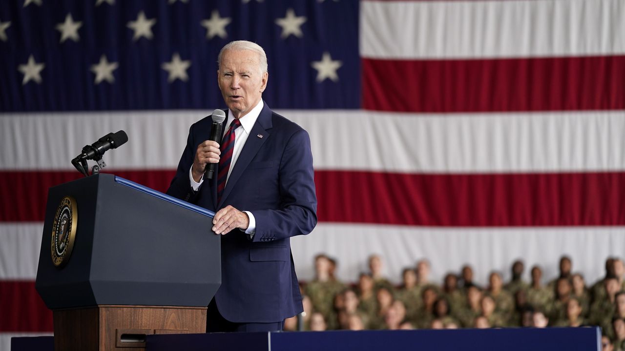 President Joe Biden speaks at Joint Base Elmendorf-Richardson to mark the anniversary of the Sept. 11 terrorist attacks, Monday, Sept. 11, 2023, in Anchorage, Alaska. (AP Photo/Evan Vucci)