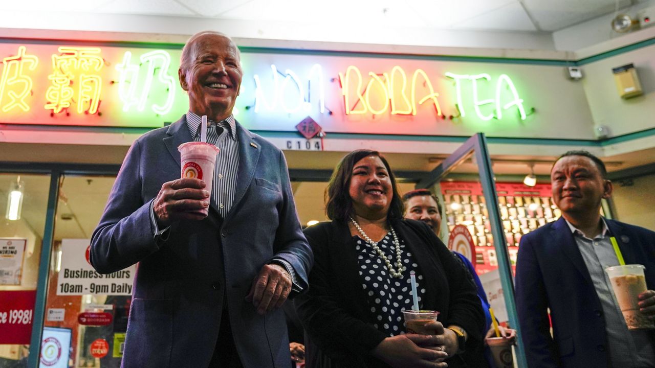 President Joe Biden talks during a stop at No. 1 Boba Tea during a stop in Las Vegas, Monday, Feb. 5, 2024. (AP Photo/Stephanie Scarbrough)