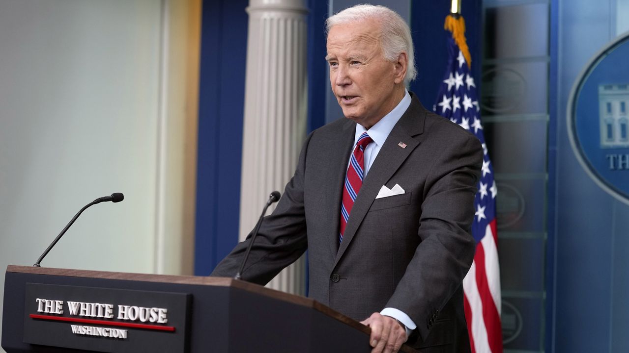 President Joe Biden speaks to the media in the White House press room, Friday, Oct. 4, 2024, in Washington. (AP Photo/Susan Walsh)