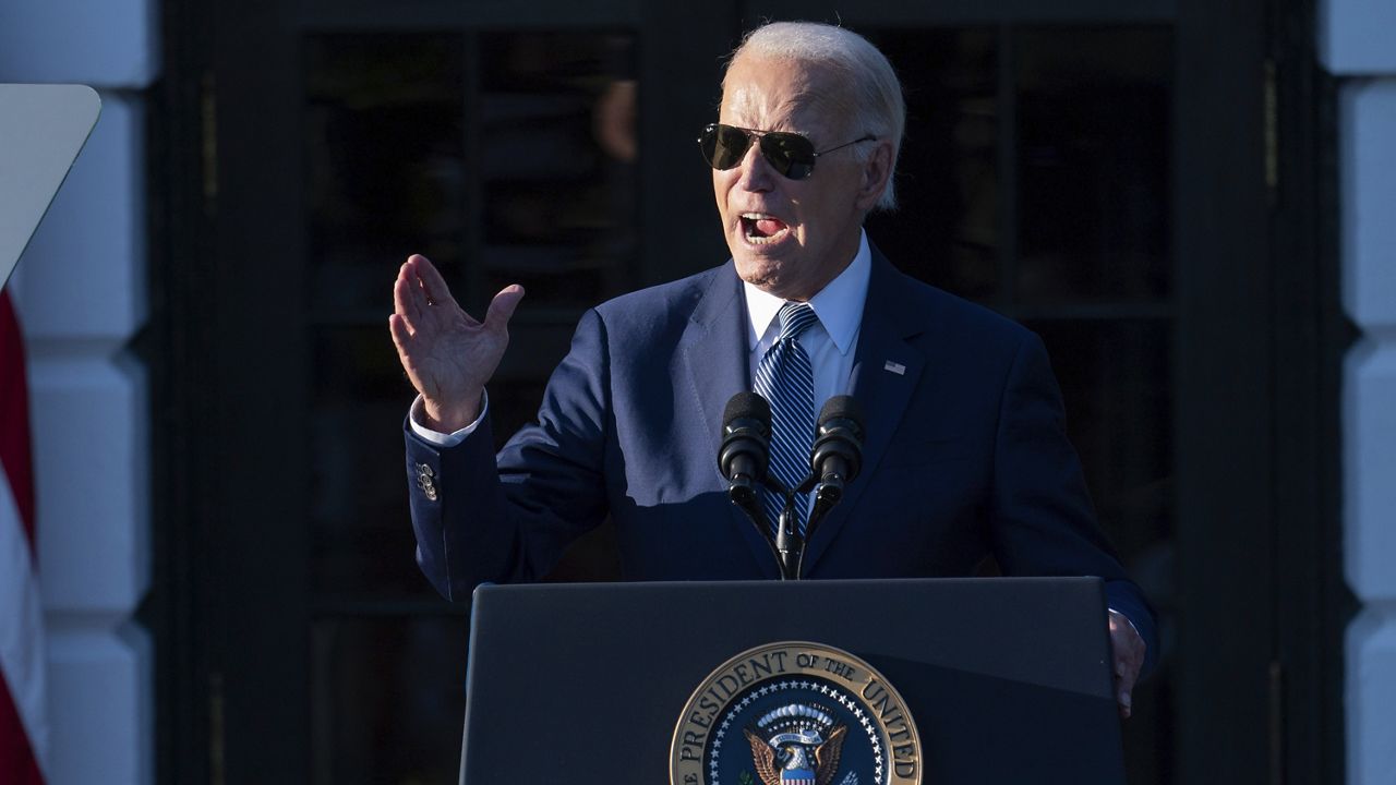 President Joe Biden speaks during the Violence Against Women Act 30th anniversary celebration on the South Lawn of the White House, Thursday, Sept. 12, 2024, in Washington. (AP Photo/Jose Luis Magana)