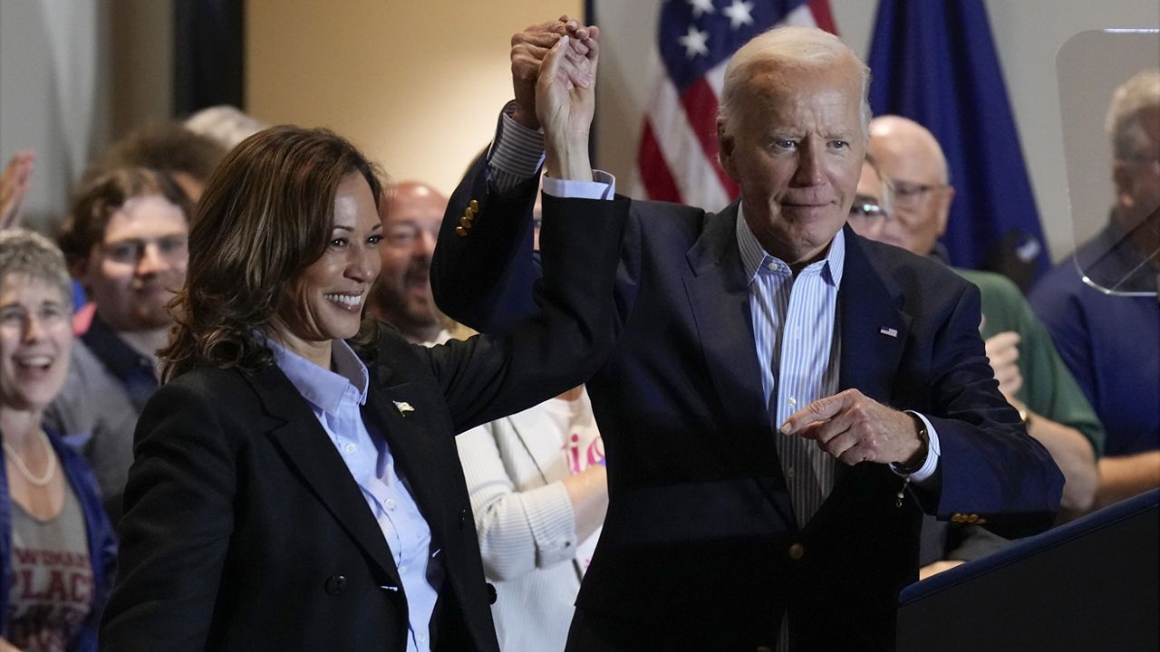 Democratic presidential nominee Vice President Kamala Harris and President Joe Biden arrive at a campaign event at the IBEW Local Union #5 union hall in Pittsburgh, on Labor Day, Monday, Sept. 2, 2024. (AP Photo/Jacquelyn Martin)