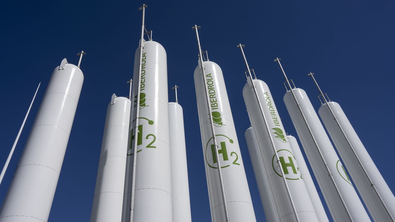 Hydrogen storage tanks are visible at the Iberdrola green hydrogen plant in Puertollano, central Spain, March 28, 2023. (AP Photo/Bernat Armangue)