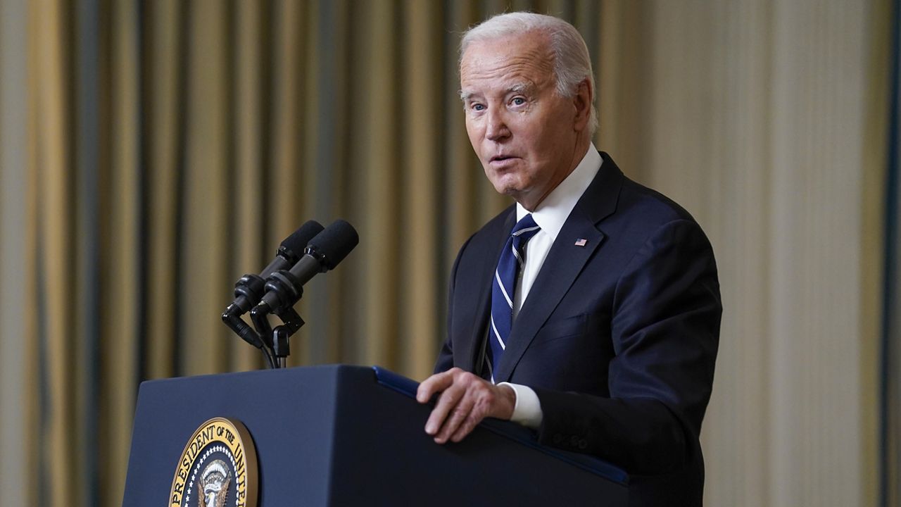 President Joe Biden speaks Tuesday, Oct. 10, 2023, in the State Dining Room of the White House in Washington, about the war between Israel and the militant Palestinian group Hamas. (AP Photo/Evan Vucci)