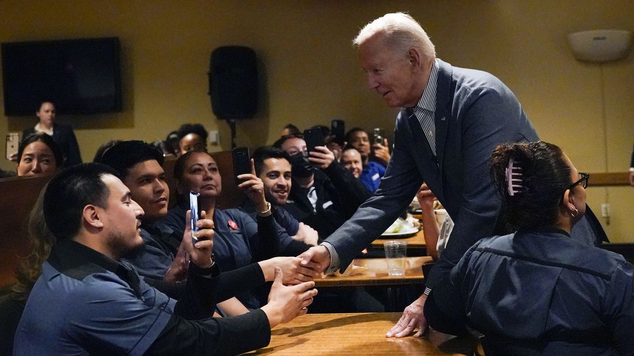 President Joe Biden meets with members of the Culinary Workers Union at Vdara Hotel in Las Vegas, Monday, Feb. 5, 2024. (AP Photo/Stephanie Scarbrough)