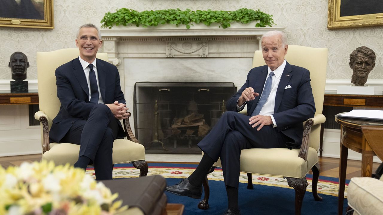 President Joe Biden meets with NATO Secretary General Jens Stoltenberg in the Oval Office of the White House, Tuesday, June 13, 2023, in Washington. (AP Photo/Manuel Balce Ceneta)