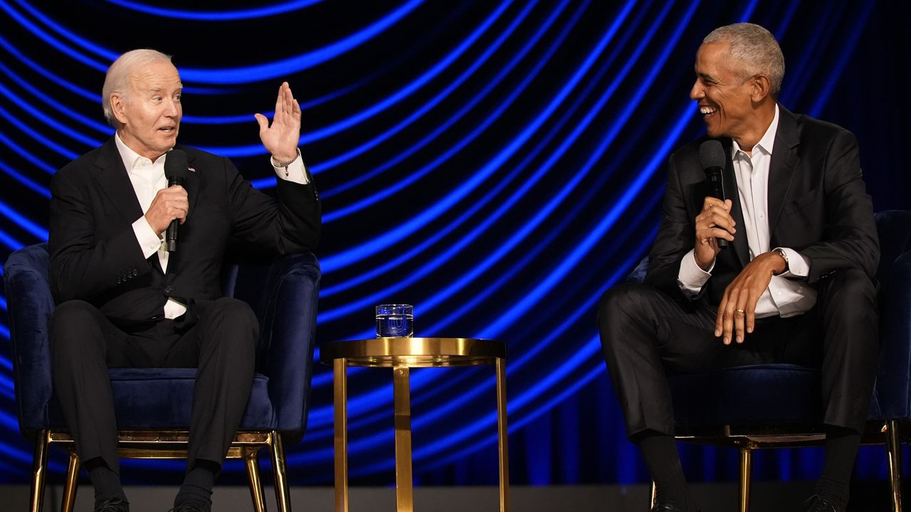 President Joe Biden speaks during a campaign event with former President Barack Obama at the Peacock Theater, Saturday, June 15, 2024, in Los Angeles. (AP Photo/Alex Brandon)