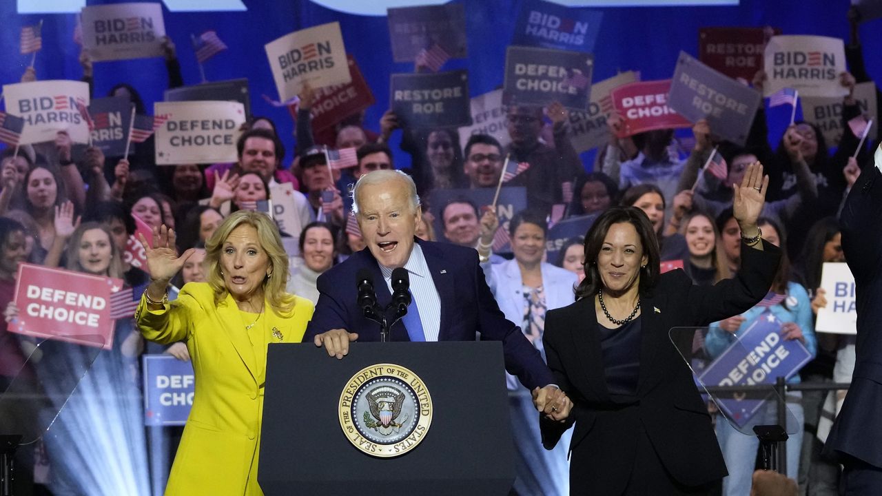 President Joe Biden is joined on stage by first lady Jill Biden, Vice President Kamala Harris at an event on the campus of George Mason University in Manassas, Va., Tuesday, Jan. 23, 2024, to campaign for abortion rights, a top issue for Democrats in the upcoming presidential election. (AP Photo/Alex Brandon)