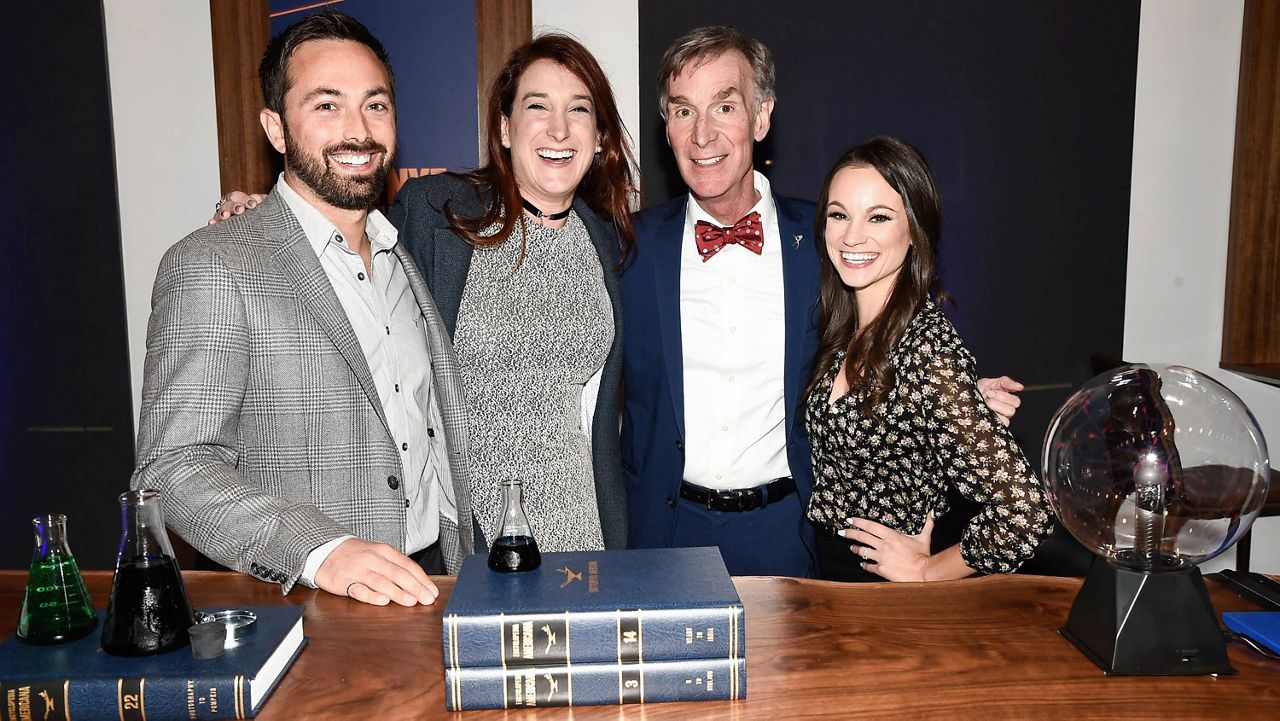 From left to right, correspondent Derek Muller, correspondent Joanna Hausmann, host Bill Nye and correspondent Emily Calandrelli seen at the "Bill Nye Saves the World" LA screening event on Thursday April 13, 2017, in Los Angeles. (Photo by Dan Steinberg/Invision for Netflix/AP Images)